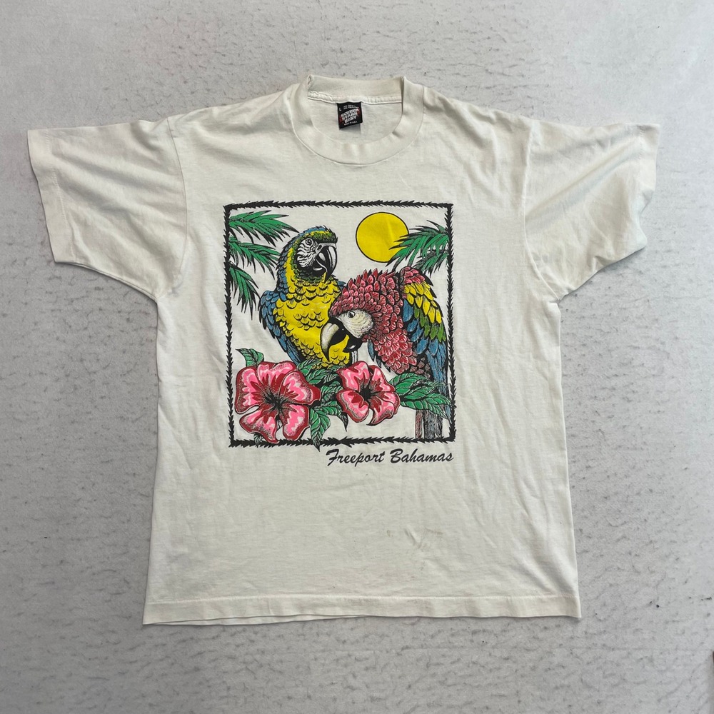 Screen Stars Best T-Shirt Mens L White Freeport Bahamas Parrot Graphic Vintage
